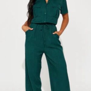 Fashion Nova Teal Short-Sleeve Wide-Leg Jumpsuit